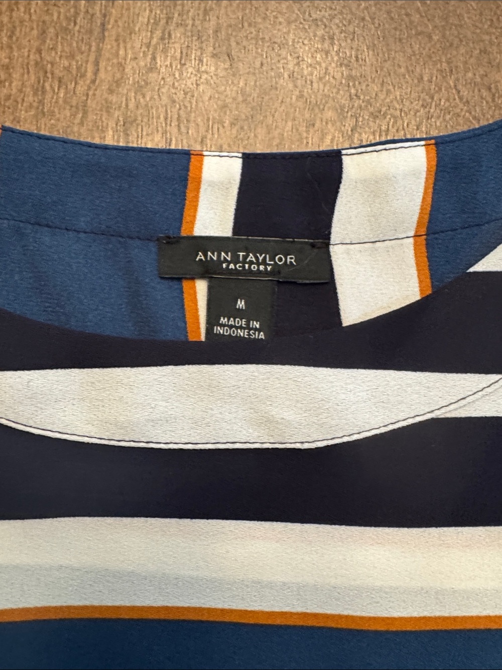Ann Taylor Factory Navy, White and Gold Striped Cap-Sleeve Blouse - Picture 7 of 8